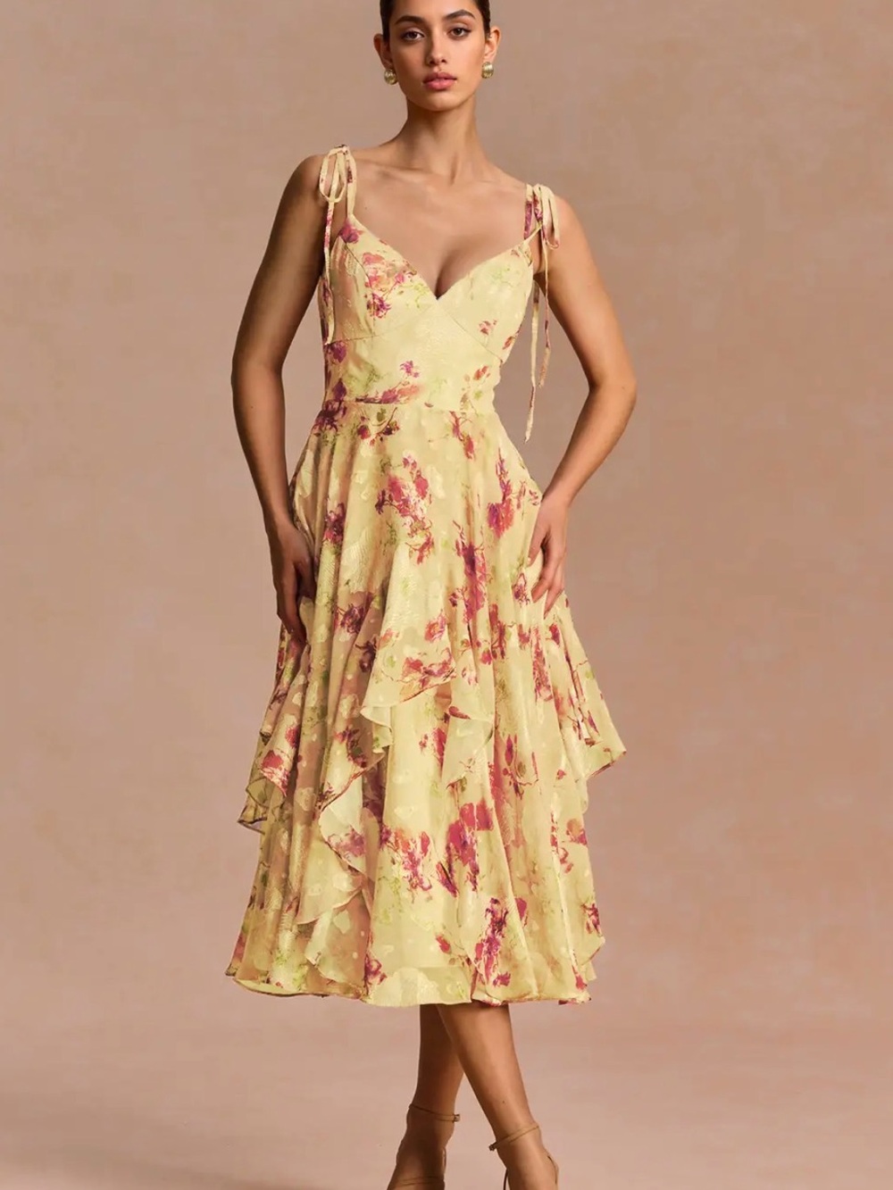 Azazie Yellow Floral Tie-Shoulder Midi Dress